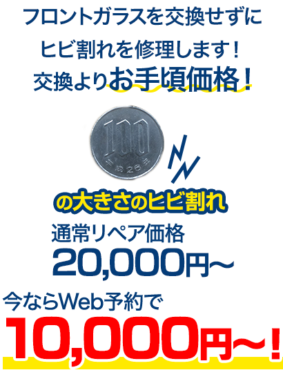 フロントガラスを交換せずにヒビ割れを修理します！交換よりお手頃価格！ 100円玉の大きさのヒビ割れ 通常リペア価格20,000円～のところを、今ならWeb予約で10,000円～！